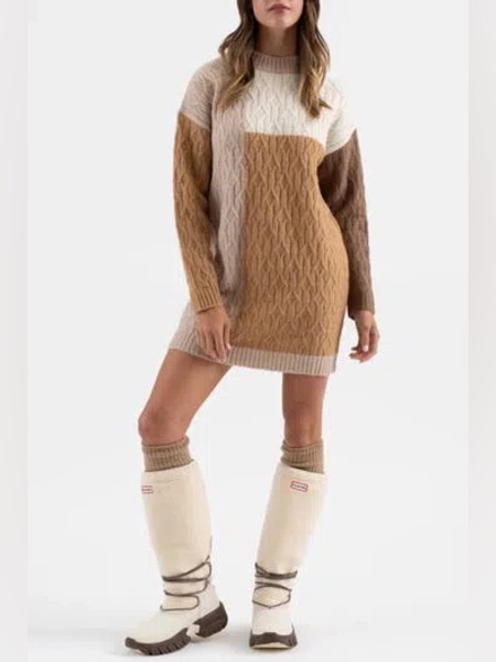 Colorblock Cable Knit Sweater Dress in Cream and Tan
